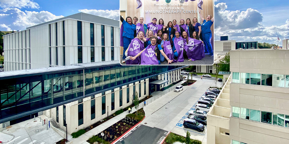 An exterior shot of the East Pavilion overlayed with the infusion and immunotherapy staff. 